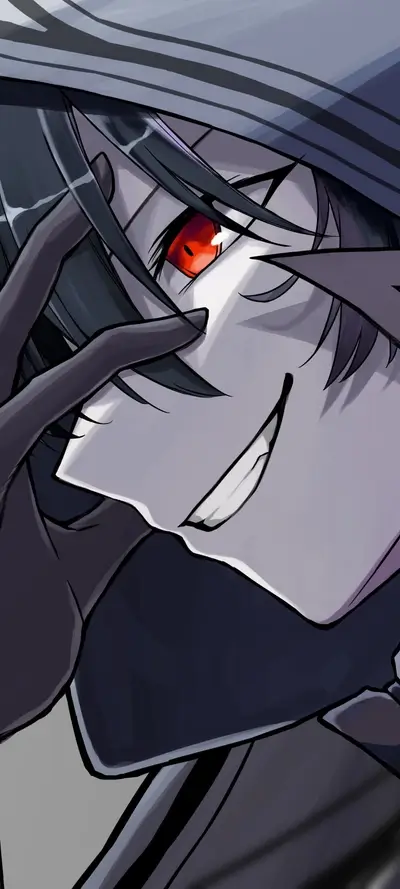 Close-up illustration of a dark-haired character with a sly smile