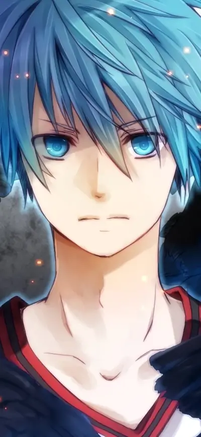 Close-up of a boy with blue hair and intense eyes