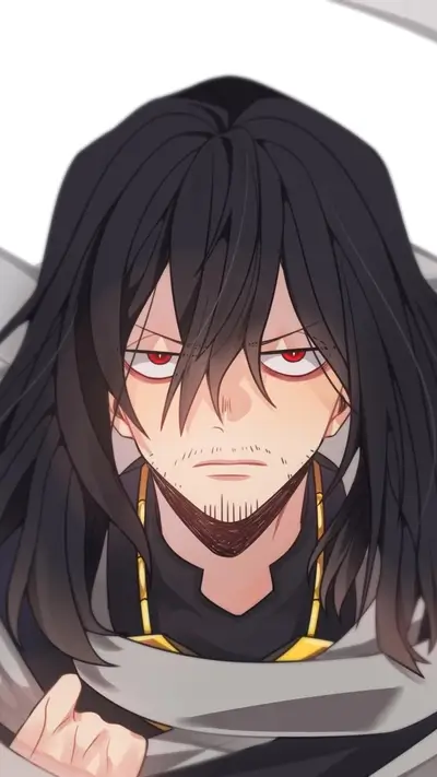 Close-up of a character with long black hair and red eyes