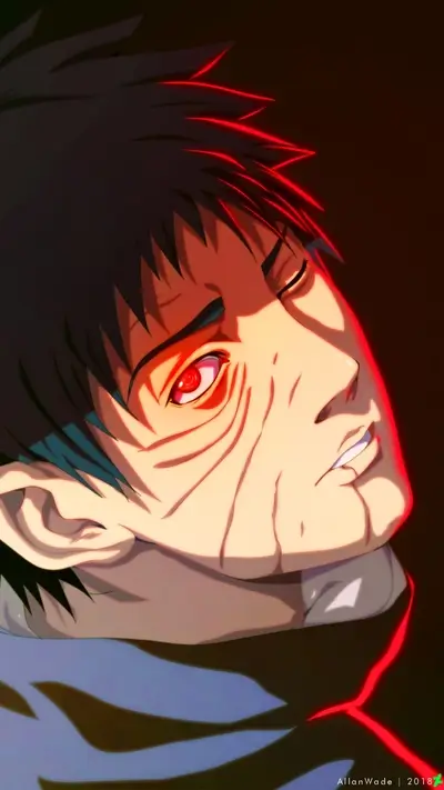 Close-up of a character with red eyes and facial scars