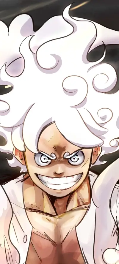Close-up of a character with white hair and a mischievous grin