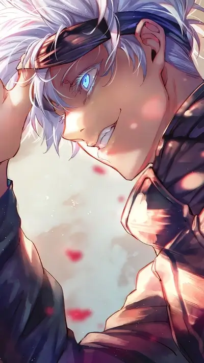 Close-up of a character with white hair and blue eyes