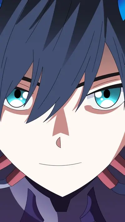 Close-up of a character's face, blue eyes, smirk