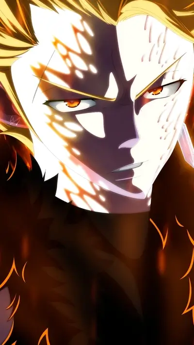Close-up of a character's face, fiery, intense expression