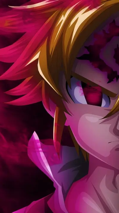 Close-up of a character's face, intense expression, dark background