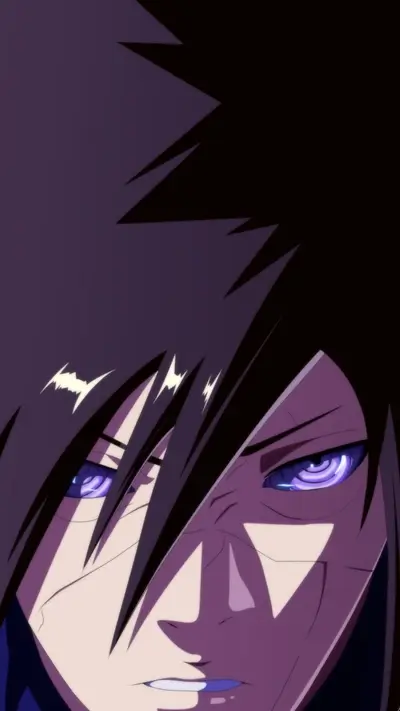 Close-up of a character's face, intense gaze, dark hair
