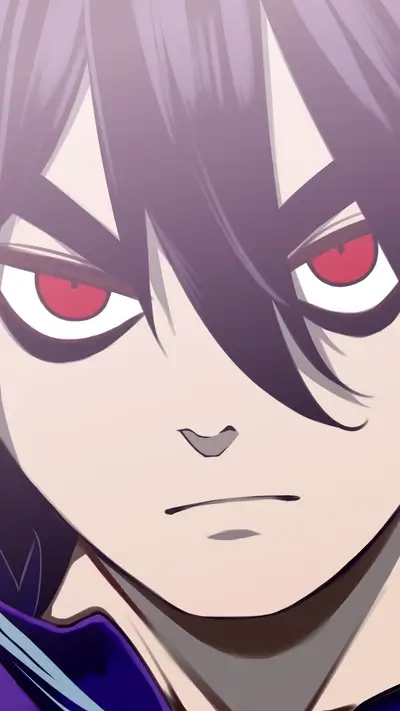 Close-up of a character's face, intense red eyes