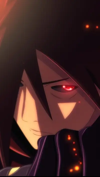 Close-up of a character's face, red eye glowing
