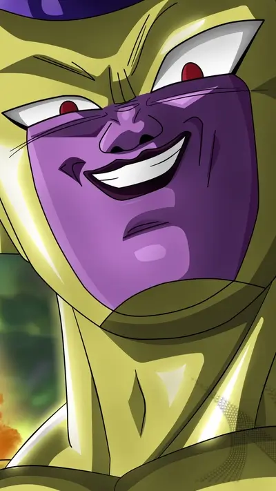 Close-up of a character's face, showcasing a malicious grin