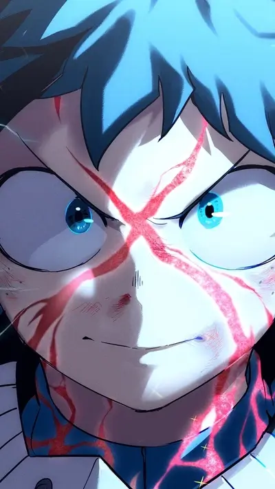 Close-up of a character's face, showcasing intense expression and battle damage