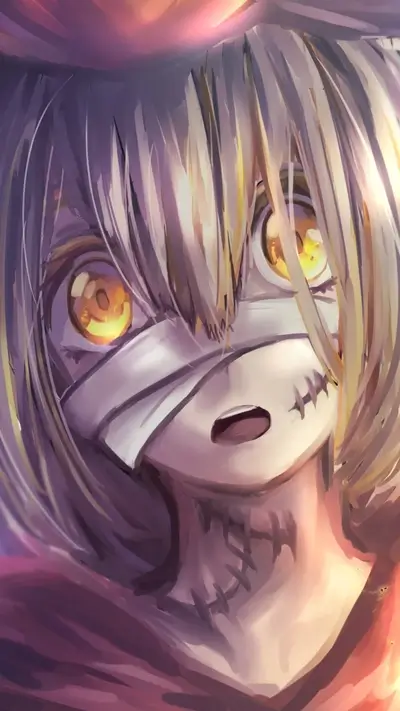 Close-up of a girl with bandaged eyes and stitched neck