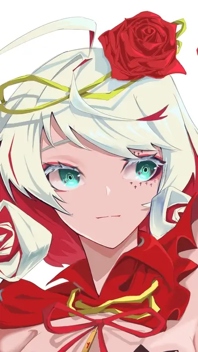 Close-up of a girl with blonde hair and a red dress