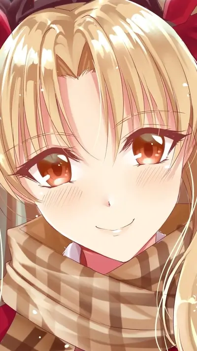 Close-up of a girl with blonde hair and a tan scarf