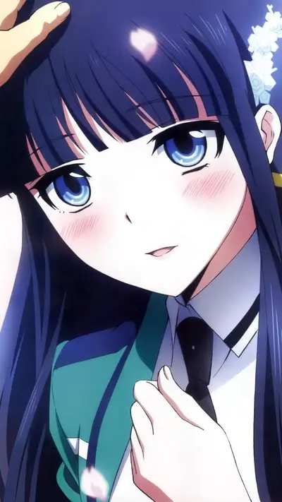 Close-up of a girl with blue eyes and dark hair