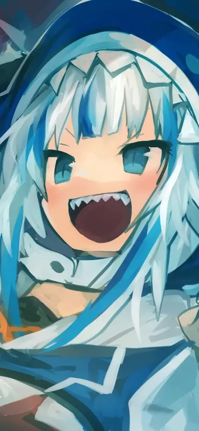 Close-up of a girl with blue hair and a shark-like hood