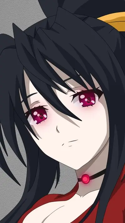 Close-up of a girl with dark hair and red eyes
