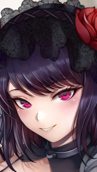 Close-up of a girl with dark hair and red roses