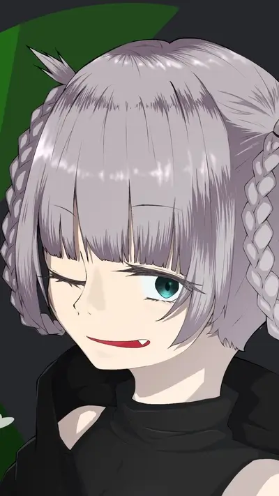 Close-up of a girl with grey hair and a smirk