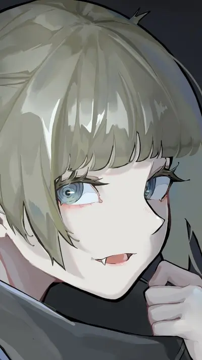 Close-up of a girl with light brown hair and fangs