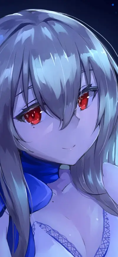 Close-up of a girl with long gray hair and red eyes
