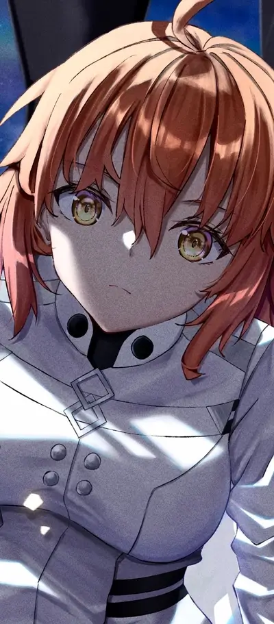 Close-up of a girl with orange hair wearing a white jacket