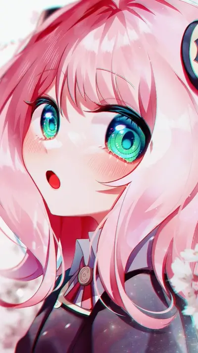 Close-up of a girl with pink hair and bright green eyes