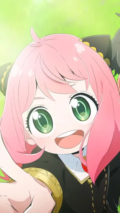 Close-up of a girl with pink hair and large eyes