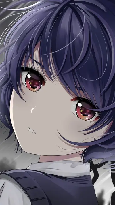 Close-up of a girl with purple hair and intense eyes