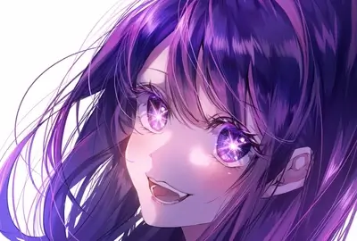 Close-up of a girl with purple hair and sparkling eyes