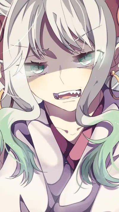 Close-up of a girl with sharp teeth and long hair