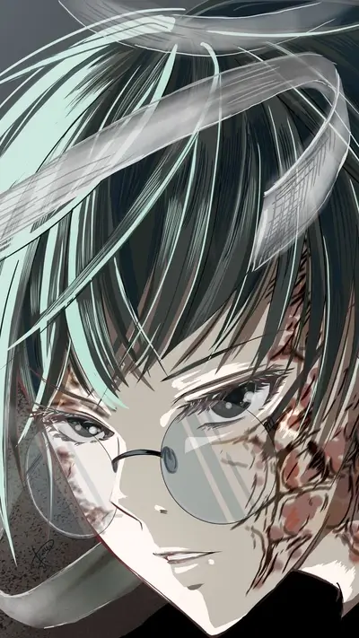 Close-up of a girl with teal hair and glasses