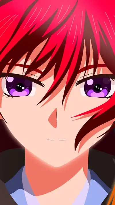 Close-up of a girl with vibrant red hair and purple eyes