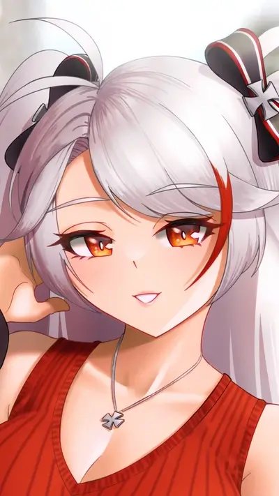 Close-up of a girl with white hair and a red top