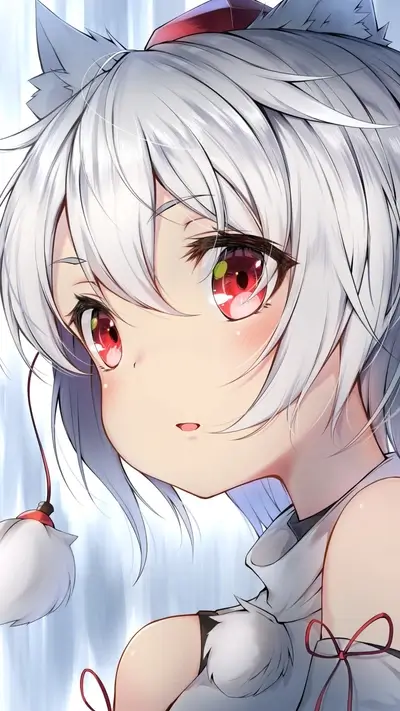 Close-up of a girl with white hair and red eyes