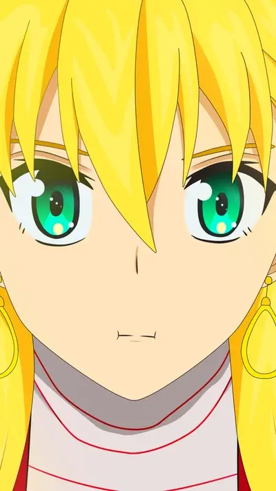 Close-up of a girl's face, bright yellow hair, green eyes