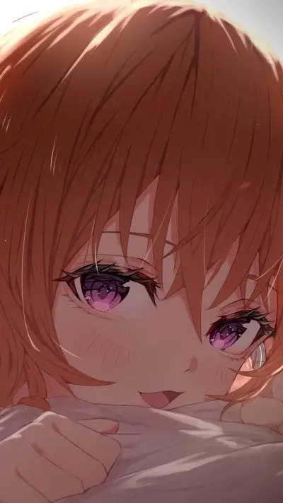 Close-up of a girl's face, brown hair, purple eyes