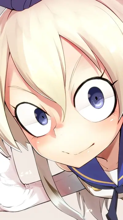Close-up of a girl's face, large eyes, blond hair