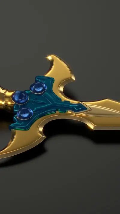 Close-up of a golden and teal fantasy sword