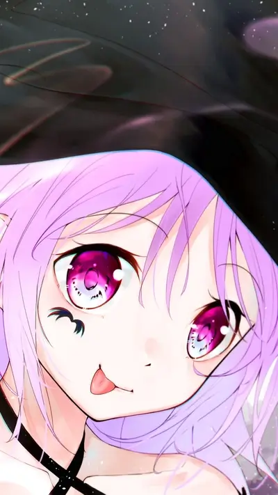Close-up of a light purple-haired girl wearing a witch's hat