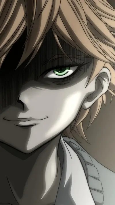 Close-up of a male character with green eyes