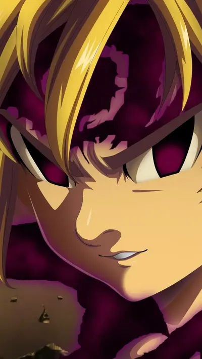 Close-up of a male character's face with golden hair and purple eyes