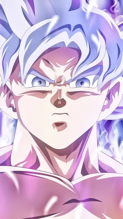 Close-up of a powerful character, fierce expression, light purple and blue hues