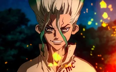 Close-up of a scientist with unique hair and glowing fire sparks