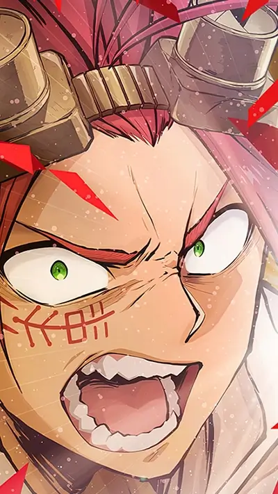 Close-up of an angry character's face, goggles and red hair