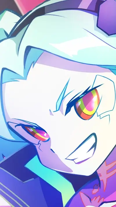Close up of an anime character with multicolor eyes, expression of a mischievous grin.