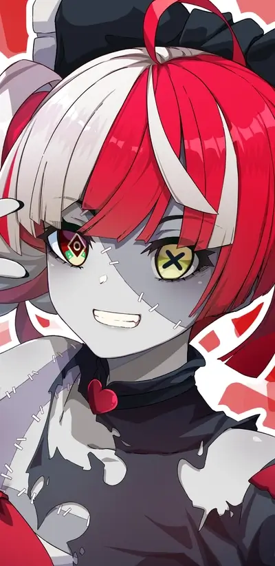 Close-up of anime character, undead, with stitched body parts and heart pendant, vibrant hair