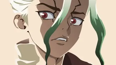 Close-up of character with white and green hair, red eyes, concerned expression