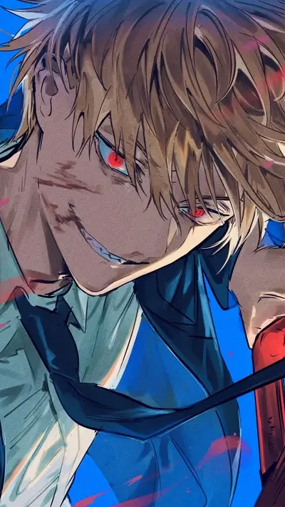 Close-up of fierce-looking character with red eyes and sharp teeth