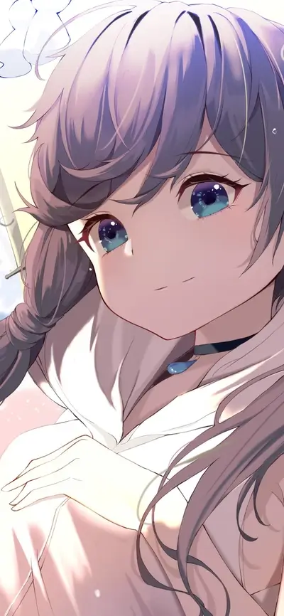 Close-up of girl's smiling face with large blue eyes, wearing necklace