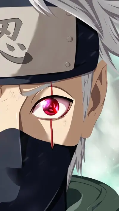 Close-up of Kakashi with Sharingan activated, revealing crimson red and tomoe pattern